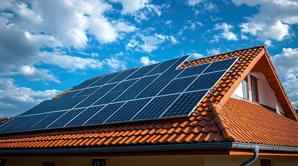 Solar Power Energy on Roof with Photovoltaic Panels, Green Renewable Energy 