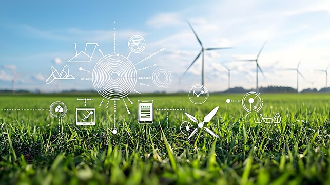An advanced sustainable energy system integrating wind turbines solar panels smart meters and AI powered distribution to efficiently harness diverse clean energy sources