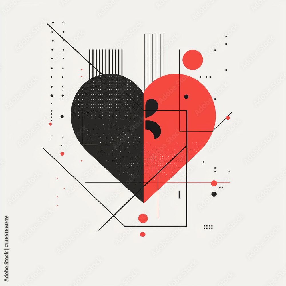 Aufkleber geometric heart design combining black and red elements with abstract shapes and lines