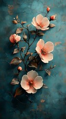 Delicate Peach Flowers with Green Leaves on Teal Background
