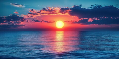 Fototapeta premium A breathtaking sunset over serene waters, showcasing vibrant colors and peaceful ambiance, perfect for relaxation. Copy space, commercial use