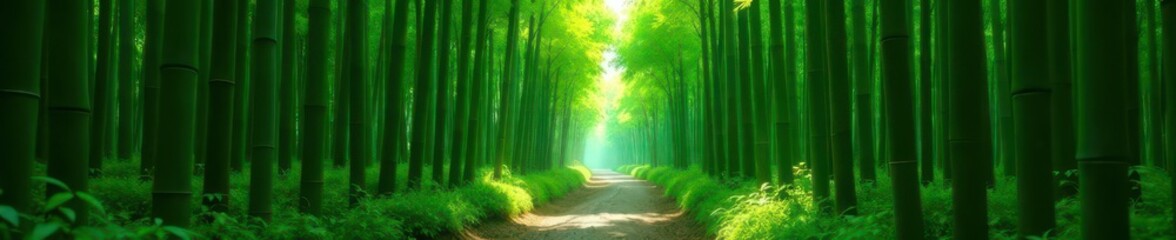 Fototapeta premium Dense bamboo grove, path disappearing into green depths , shadows, texture