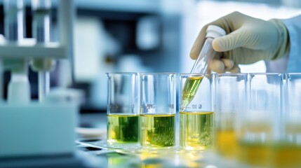 A renewable energy engineer creating biofuel technologies for sustainable transportation, laboratory with biofuel samples and energy data visible, High-tech style