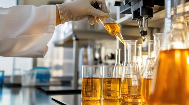 A renewable energy engineer creating biofuel technologies for sustainable transportation, laboratory with biofuel samples and energy data visible, High-tech style