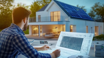 A renewable energy engineer designing geothermal energy systems for residential heating, residential area with geothermal heat pumps and data visible, High-tech style