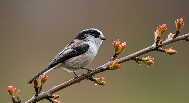 Delicate long-tailed tit perched gracefully on a blossoming hedgerow branch