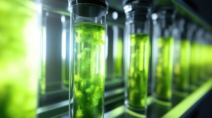 A renewable energy engineer developing algae based biofuels, lab with algae cultures, biofuel production systems
