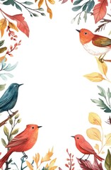 Watercolor Illustration Features Colorful Birds Perched Amidst Autumn Foliage