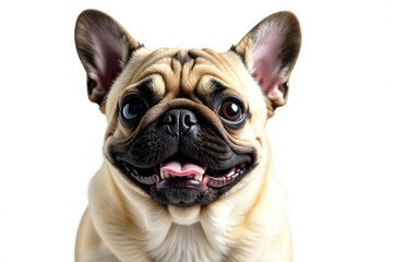 Fototapeta premium Playful pug, ears up, isolated on pure white backdrop, white, playful