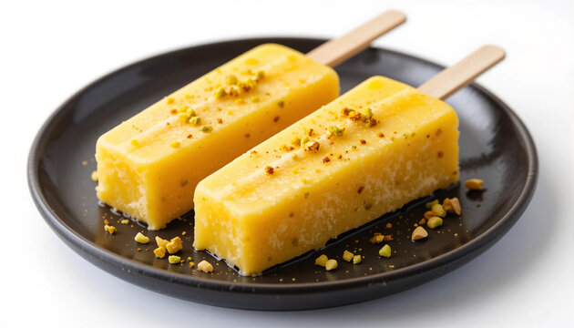 Authentic mango pistachio kulfi on ceramic plate &ndash; traditional Indian frozen dessert.