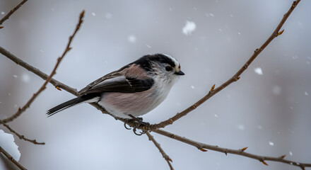 Obraz premium Delicate Long-tailed Tit Perched on a Branch During a Gentle Winter Snowfall