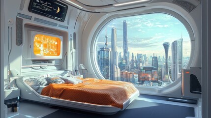 Fototapeta premium Futuristic Cityscape Bedroom: A Stunning View from a Space-Age Room