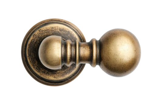 Vintage brass door knob with round design and patina finish, cut out