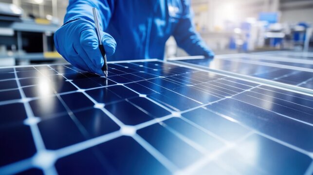 A renewable energy researcher designing solar cells using advanced materials, laboratory with solar cell prototypes and data visible, High-tech style