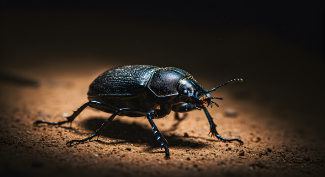 Detailed portrait of a Pinacate beetle on arid terrain in selective focus