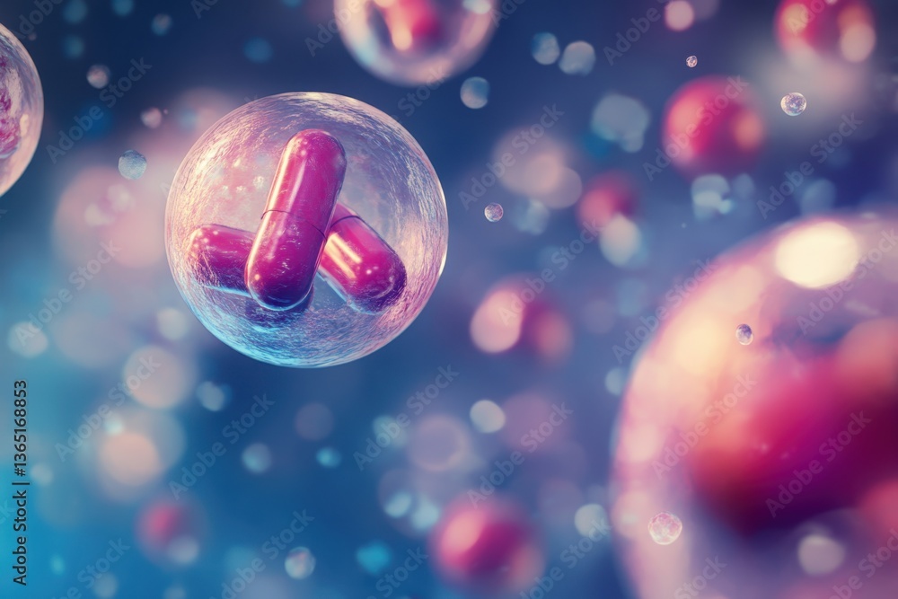 Poster captivating depiction of colorful capsules within translucent spheres in a vibrant background