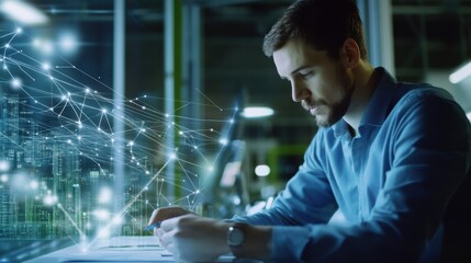 A renewable energy researcher developing smart grid systems for efficient energy distribution, office with smart grid models and energy data visible, High-tech style