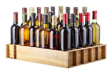 Collection of assorted wine bottles in a wooden crate against a transparent  background