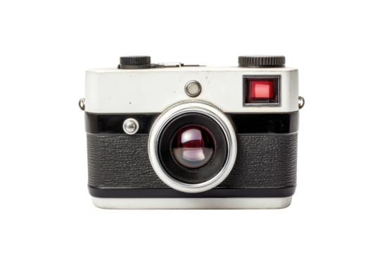 Vintage black and white camera with red shutter button and large lens, cut out