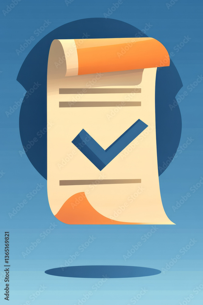 Poster a vector illustration of a document icon in flat style, showing a checkmark with paper folds on the