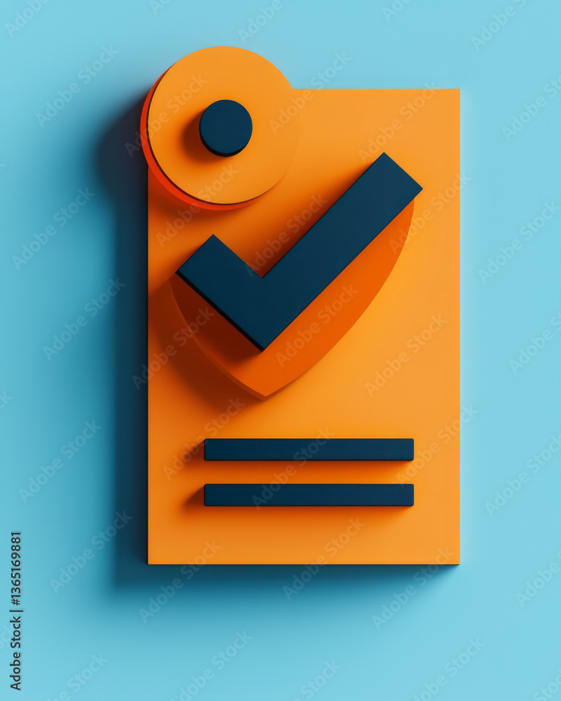 Poster a flat vector graphic of a document icon with a checkmark, featuring distinct folds at the top left