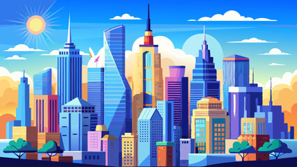 Fototapeta premium blue sky day in metropolis midtown New York city building skyline