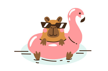 Cute capybara wearing sunglasses in flamingo float. Hand drawn vector illustration. Funny animal isolated on white. Naive childish design. Cool comic character, kids poster, card, social media banner.