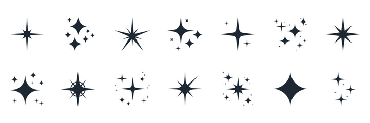Star Sparkle And Glitter Icon Solid Icon Set. Shimmer And Shine Silhouette Symbol Collection. Isolated Vector Illustration
