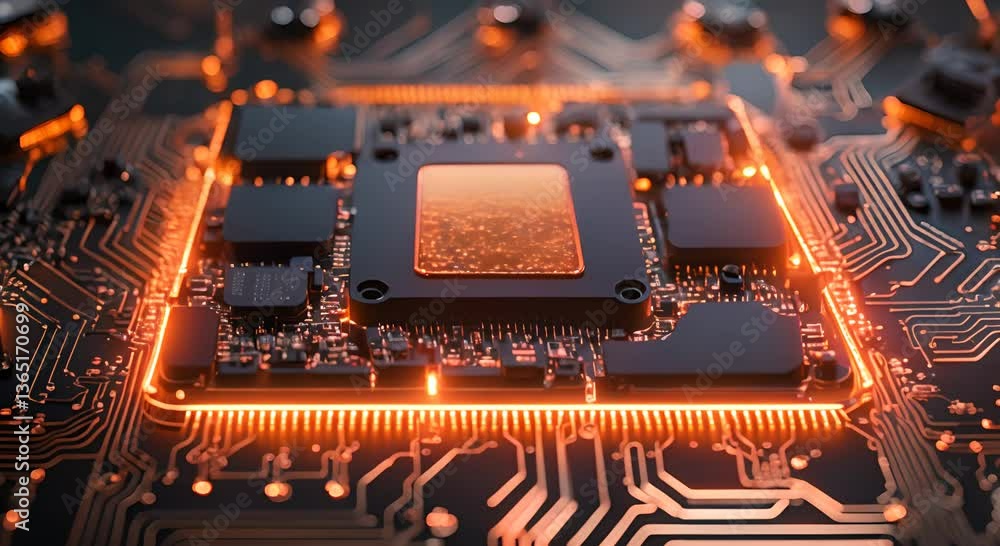 Poster futuristic motherboard circuit with orange glowing lights transmitting data creating a technological