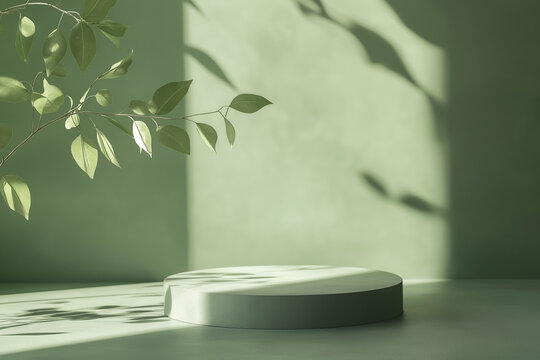 Shadowed leaves and a soft blur gradient on a green studio background with a podium for product display. A pastel green setting with an abstract floor texture, ideal for a summer or spring banner.