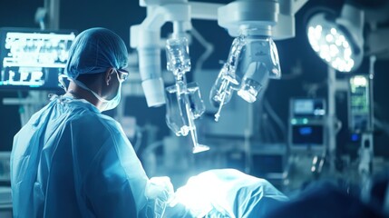 A robotic surgery specialist developing AI assisted surgical robots for precision operations, operating room with robotic surgery tools, AI software