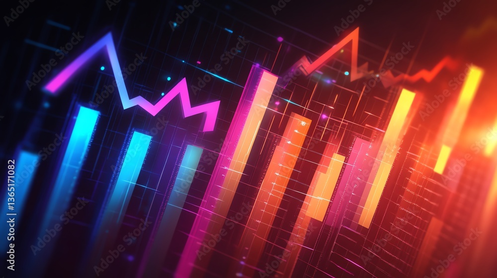 Poster analyzing financial data with colorful graph and line charts