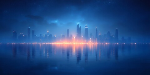 Fototapeta premium Illuminated skyscrapers reflecting in calm water at night under a starry sky, creating a futuristic cityscape