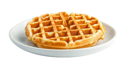 Golden brown belgian waffle on white plate, cut out