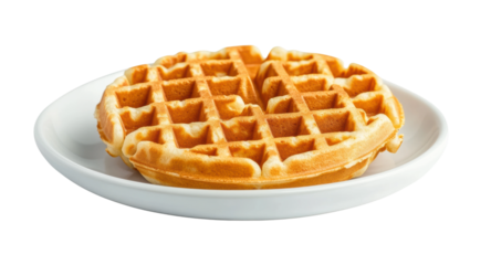 Golden brown belgian waffle on white plate, cut out
