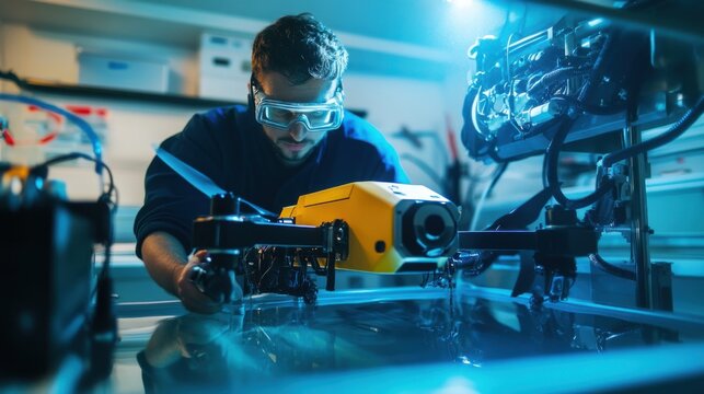A roboticist developing autonomous underwater drones for deep sea exploration, lab with underwater drones, sensors