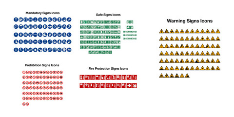International set signs symbols ISO 7010. Used in industrial applications public buildings. Prohibited, Mandatory, Warning, Fire, Safe, First Aid. Print stickers posters, books and more