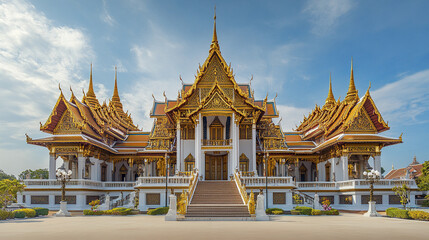 Naklejka premium grand Thai temple with ornate tiered roofs and intricate details
