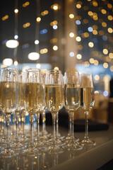 Elegant champagne glasses are arranged on a table for a special occasion