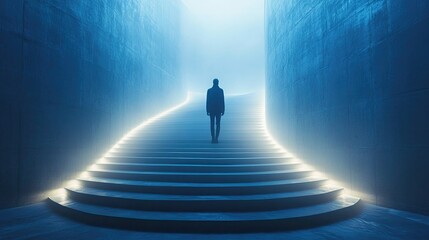 The Path to Enlightenment: Lone Figure Standing Silhouetted Against Bright Light on Futuristic Staircase