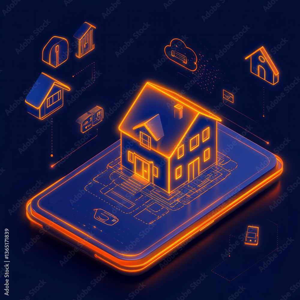 Poster an isometric 3d graphic showing a smartphone screen with a smart home system, accented by floating