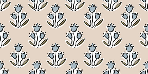 Hand drawn floral block print seamless pattern. Trendy retro blue daisy flower botanical vector background. Boho, beach, Indian traditional textile design. © Radiocat