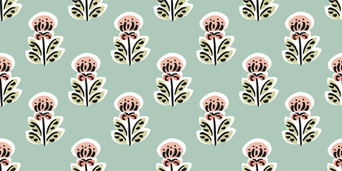 Hand drawn floral block print seamless pattern. Trendy retro blue daisy flower botanical vector background. Boho, beach, Indian traditional textile design.