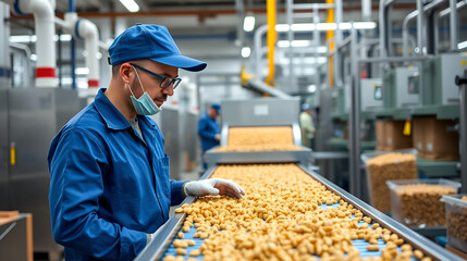 Worker in a blue uniform inspects kibble production line in a pet food manufacturing facility during daytime