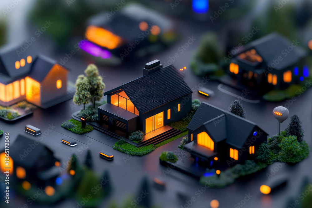 Poster a colorful smart home scene with multiple houses, showcasing the integration of ai technology for