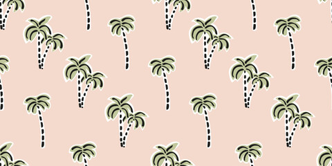 Seamless pattern with freehand ink doodle abstract palm trees. Trendy tropical vertical stripe background. Hand drawn vector illustration. Boho, beach, jungle wallpaper. © Radiocat