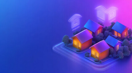 Obraz premium An isometric perspective on a smartphone app featuring vibrant houses and trees, with tall