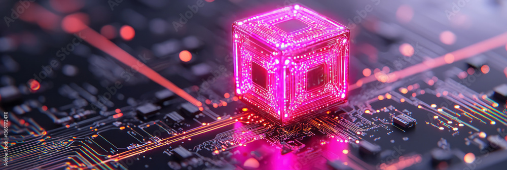 Poster a state-of-the-art cube with bright, glowing circuitry and continuous data streams, showcased on an
