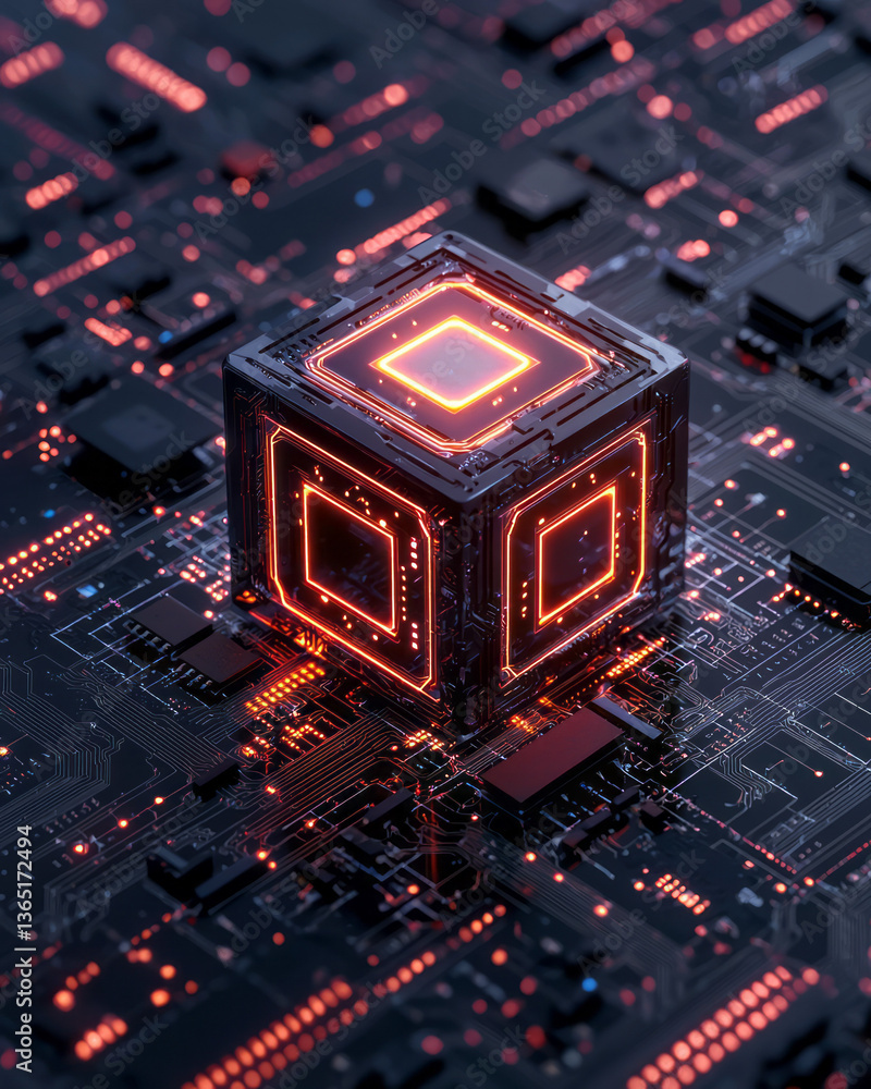 Aufkleber a cutting-edge cube illuminated by neon circuitry and streaming digital data, placed against an