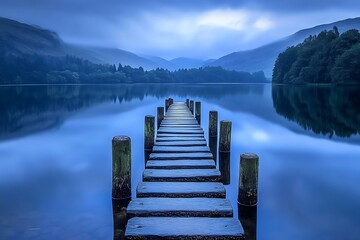 Tranquil Lakeside Scene with Old Wooden Posts.